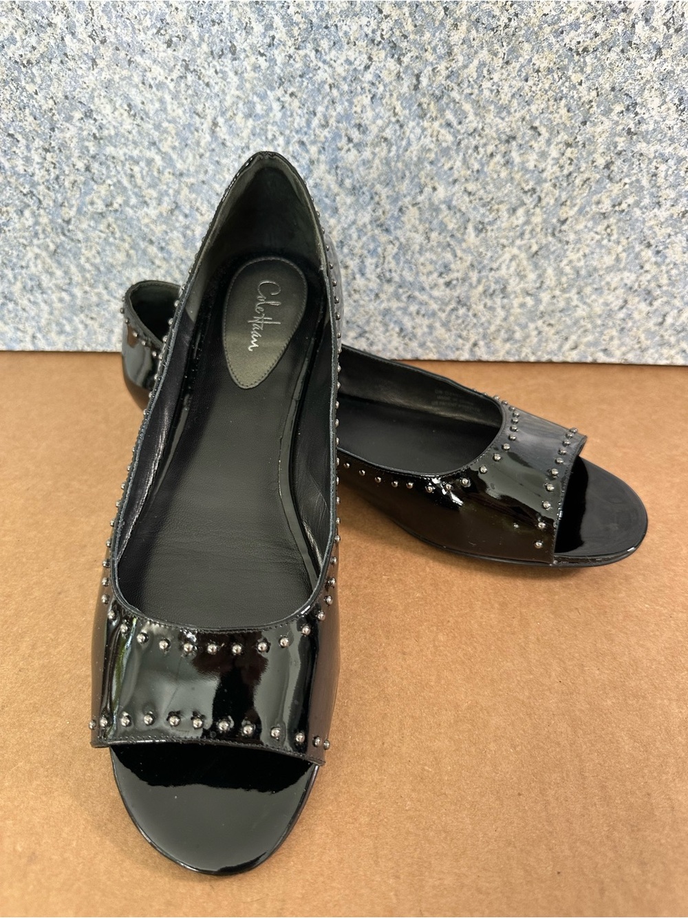 Cole Haan Nike Air Black Patent Studded Peep Toe Flats Size 9- FABULOUS Like New